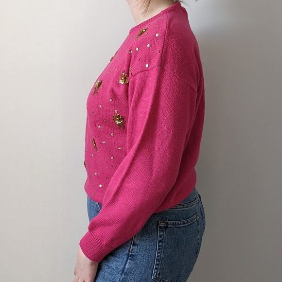 Vintage 80s 90s Pink Gold Sequins Sequined Floral Crewneck Funky Sweater 1980s L - Picture 3 of 11